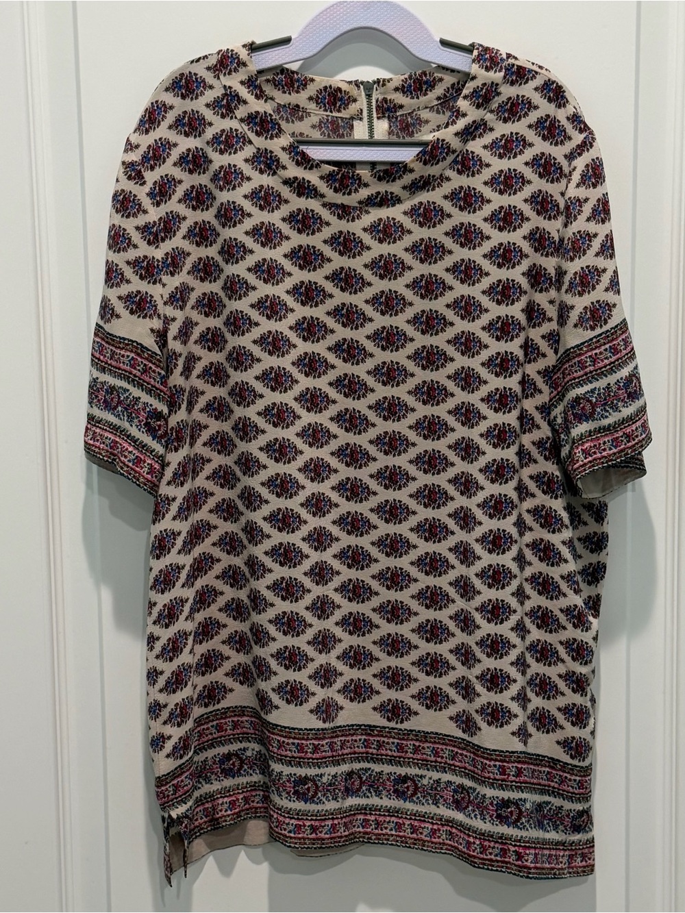 Madewell Women's Refined Short Sleeve Blouse 100% Silk Diamond Flower Print Sz S